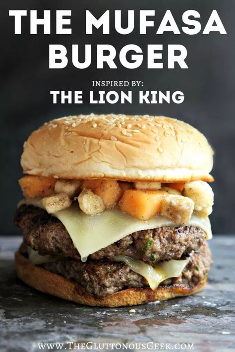 The Lion King | The Mufasa Burger | The Gluttonous Geek The Lion King Movie Night, Food From Movies Recipes, Disney Food Recipes, Fantasy Recipes, Movie Inspired Recipes, Nerdy Recipes, Nerd Food, Movie Recipes, Themed Nights