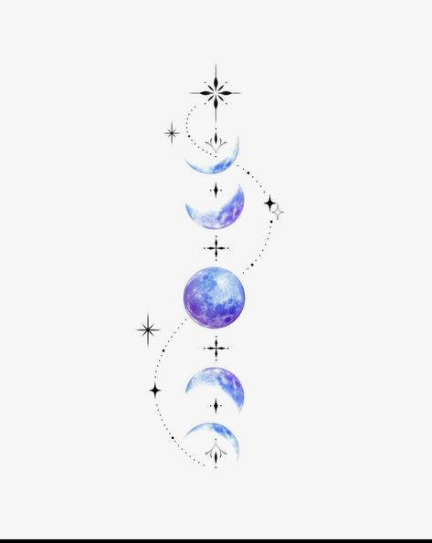 Colorful Moon Phases Tattoo, Moon Leg Tattoos Women, Lunar Tattoo Design, Moon Star Design, Purple Moon Tattoo, Color Moon Tattoo, Moon Mandala Tattoo Design, Moon Forearm Tattoo, Moon Phase Tattoo Designs