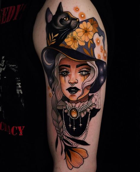 Womens Colour Tattoos, Pumpkin Lady Tattoo, Halloween Lady Tattoo, Fall Color Tattoo, Neo Trad Halloween Tattoo, Witch Lady Tattoo, Neotraditional Halloween Tattoo, Neo Traditional Witch Tattoo, Witch Sleeve Tattoo