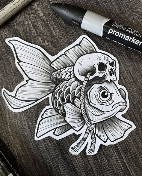 Fish Skull Tattoo, Skull Tattoo Sketch, Fish Skull, Petit Tattoo, Scary Tattoos, Spooky Tattoos, Old School Tattoo Designs, Tattoo Apprentice, Tattoo Style Drawings