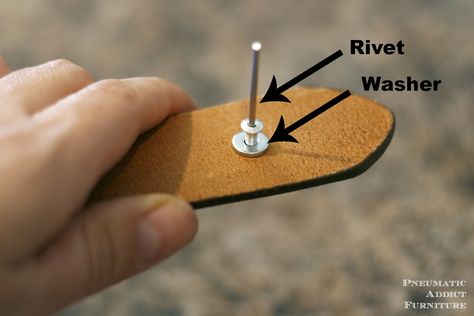 Pneumatic Addict : How to Rivet Wood and/or Leather - need a washer for softer (not metal) materials. Tanning Hides, Rivet Jewelry, Leather Tutorial, Industrial Diy, Furniture Building, Leather Rivets, Leather Craft Tools, Small Wood Projects, Leather Projects