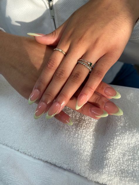 Spring Nails Almond French Tip, Save Green Almond Nails, Light Sage Green French Tip Nails, Almond Nails Sage Green Tips, Green Tip Acrylic Nails Almond, Soft Green French Tip Nails, Cute Almond Nails Green, Pretty Light Green Nails, Sage Green French Tip Nails Almond Short