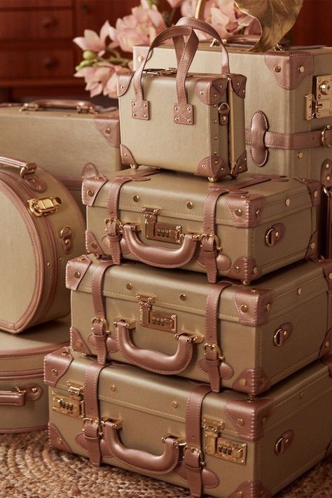 Designer Luggage Sets, Luggage Sets For Women, Luxury Luggage Sets, Rose Gold Luggage, Steamline Luggage, Retro Vintage Aesthetic, Travel Vanity, Luxury Luggage, Cute Luggage