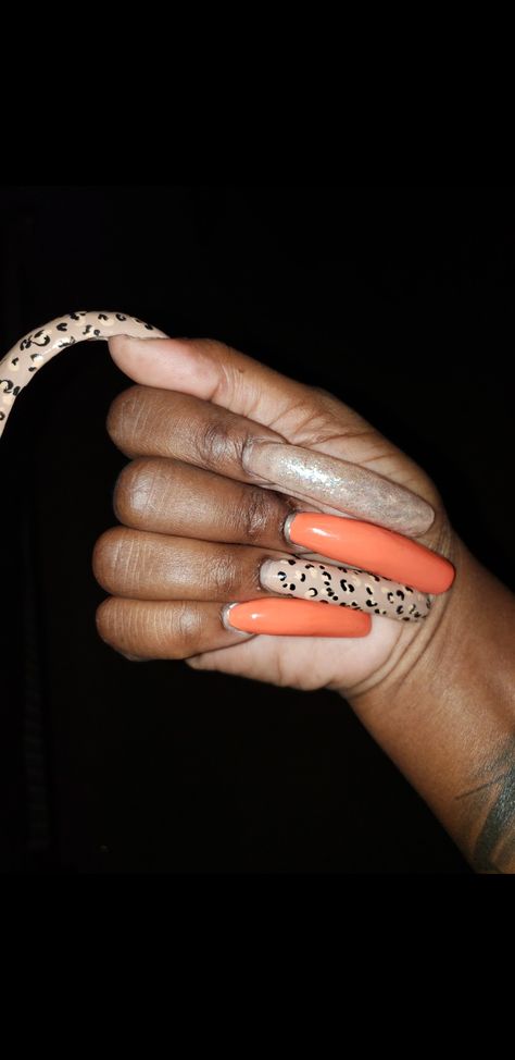 Aloha orange, beige leopard print, glow in the dark glitter 3 inch nails Leopard Print Hibiscus Nails, Orange Cheetah Print Nails, Brown Lepord Print Nails, Orange Leapord Nails, Orange And Black Leopard Print Nails, Aloha Nails, Glow In The Dark Glitter, Long Nails, In The Dark