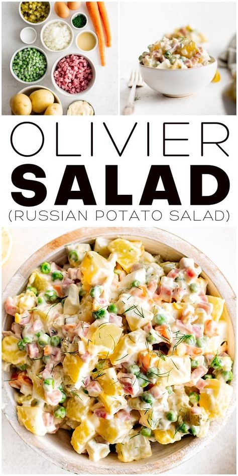 Olivier Salad, or Russian Salad, is a traditional Russian potato salad made with diced boiled potatoes, eggs, ham, and vegetables mixed in a creamy mayo dressing. Super easy to make, it is a popular holiday side dish, especially during Christmas and New Year celebrations. Russian New Years Food, Russian Salad Recipe, Russian Potato Salad, Olivier Salad, Russian Salad, Mayo Dressing, Russian Dishes, Potato Salad With Egg, Holiday Side Dish