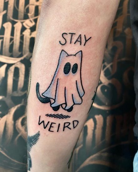 Silly Spooky Tattoos, Good Starter Tattoos, Ghost With Legs Tattoo, Small Weird Tattoos Ideas, Weirdo Tattoo Word, Stay Weird Tattoo Ideas, Weird Tattoo Designs, Weird Art Tattoo, Dark Sense Of Humor Tattoos