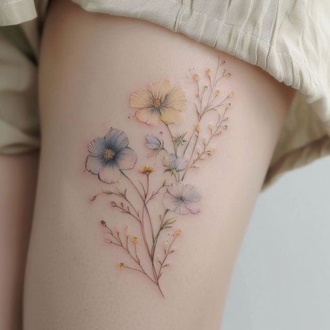 Vintage Floral Tattoos Ankle, Small Wildflower Tattoo, Wildflower Bouquet Tattoo, Wildflower Tattoos, Wildflowers Tattoo, Tattoos To Cover Scars, Flower Wrist Tattoos, Tattoo Vector, Bouquet Tattoo