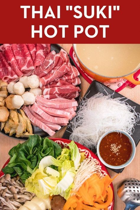 Thai Sukiyaki Hot Pot Recipe (MK Suki Style) - Hot Thai Kitchen! Hot Pot Ideas, Korean Hot Pot Recipe, Asian Hot Pot Recipe, Steamboat Recipe, Korean Hot Pot, Thai Hot Pot, Laotian Food, Hot Thai Kitchen, Chinese Fondue