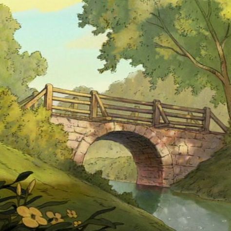 Hundred Acre Woods Wallpaper, Winnie The Pooh Bridge, Hundred Acre Woods Aesthetic, Winnie The Pooh Backgrounds, Storybook Background, Cottagecore Cartoon, Disney Cottagecore, Cottagecore Disney, Story Book Art