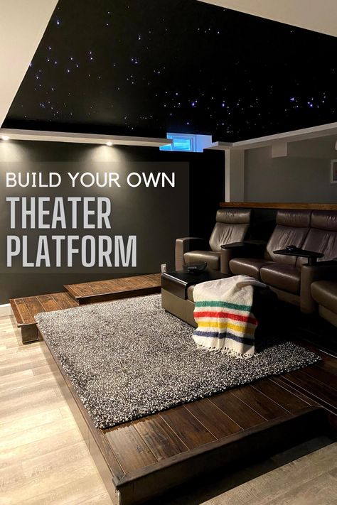 Movie Theater Rooms Diy, Diy Basement Movie Theater, Home Theater On A Budget, Theater Loft Ideas, Basement Theater Room Ideas Diy, Loft Theater Room Ideas, Home Cinema Room Diy, Basement Open Theater Room, Home Theater Platform