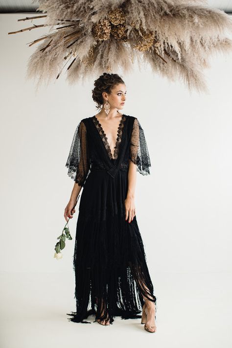 Casual Wedding Dress Black, Casual Black Wedding Dress, Bohemian Black Dress, Non Traditional Bridesmaid Dresses, Wedding Dress With Fringe, Future Collage, Modern Black Wedding, Handfasting Dress, Steampunk Wedding Dress