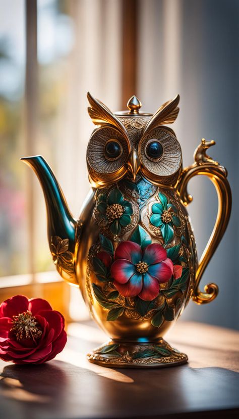 decoartion - Amazing Owl Teapot - AI creation Owl Teapot, Crockery Design, Tea Pots And Cups, Teapots Unique, Cuppa Tea, Coffee Images, Owl Pictures, Plant Wallpaper, Silver Tea