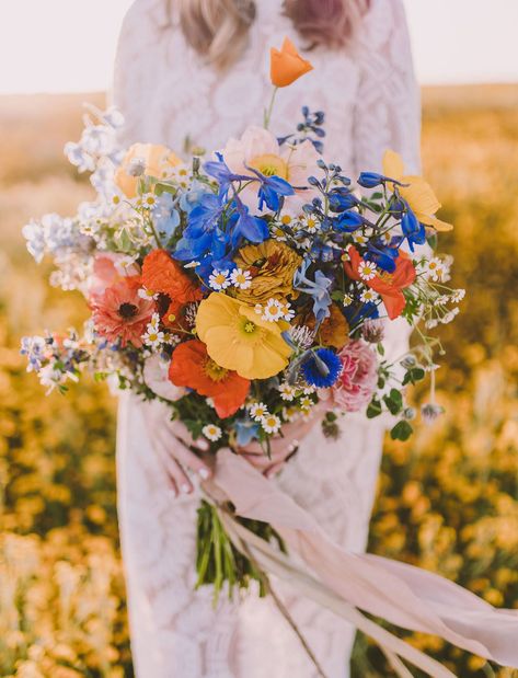 Colorful Wildflower Bouquet: Cobalt Blue, Gold, and Orange Flower Arrangement Bohemian Wedding Bouquet, Wildflower Wedding Bouquet, Summer Wedding Bouquets, Wildflower Bouquet, Orange Wedding, Wildflower Wedding, Bride Bouquets, Bridal Inspiration, Spring Wedding