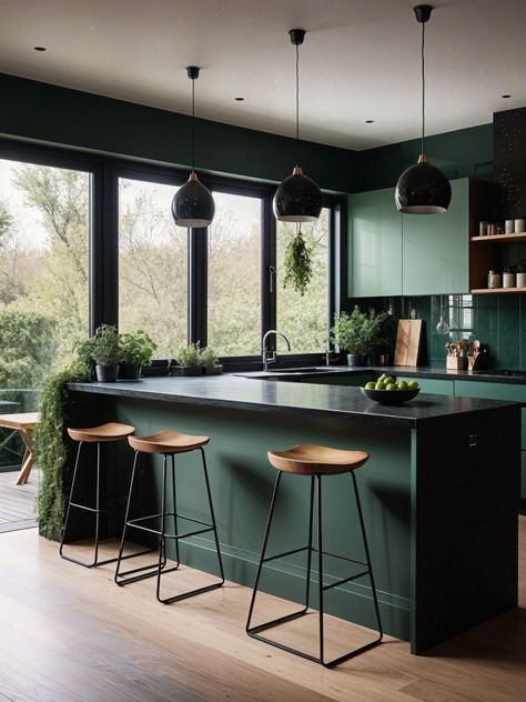 Dark Green Kitchen Black Countertop, Dark Green Home Interior Design, Kitchen Interior Dark Green, Dark Green Coffee Bar, Dark Green Kitchen With Black Countertops, Olive Green And Black Kitchen, Black Open Plan Kitchen, Dark Sage Kitchen, Dark Worktop Kitchen