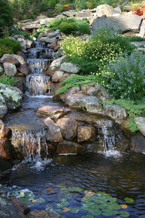 Waterfall On Hillside, Creek With Waterfall, Waterfall Water Feature, Garden Water Falls, Stream Waterfall, Backyard Stream, Waterfall Landscaping, Waterfall Garden, Kolam Koi