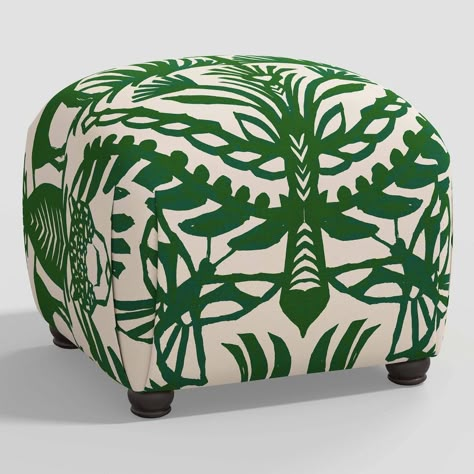 Update any seating area with this Eulalia Poppy Ottoman from Skyline Furniture. This square poppy ottoman can be used as a footrest or an extra seat. It features a rounded pouf-style design that's upholstered with cream cotton fabric with a contrasting eulalia-inspired pattern for an attractive, creative look. The seat is fully padded for comfy sitting, and the small rounded wooden legs in a dark espresso finish lend stability, support and added style. Place it in front of your living room couch Skyline Furniture, Target Gifts, Wooden Leg, Couches Living Room, Extra Seating, Garden Toys, Green Velvet, Green Cotton, Seating Area