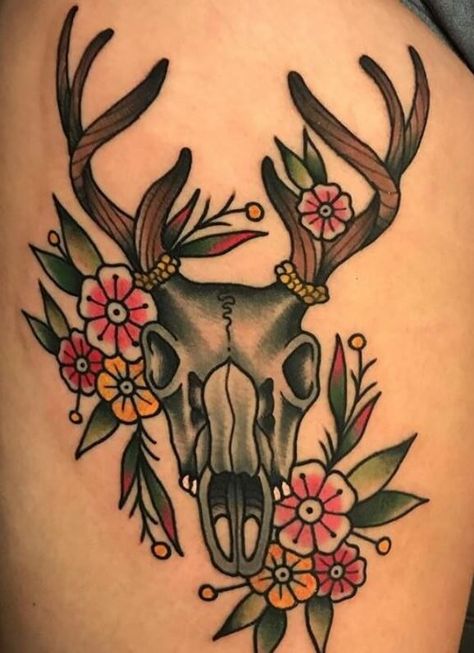 30+ Deer Skull Tattoo Designs, Ideas, and Meanings | PetPress Traditional Deer Antler Tattoo, Animal Skull Traditional Tattoo, American Traditional Animal Skull Tattoo, Neo Traditional Deer Skull Tattoo, Stag Traditional Tattoo, Deer Skull Tattoo Traditional, American Traditional Hunting Tattoo, American Traditional Deer Skull Tattoo, Traditional Antler Tattoo