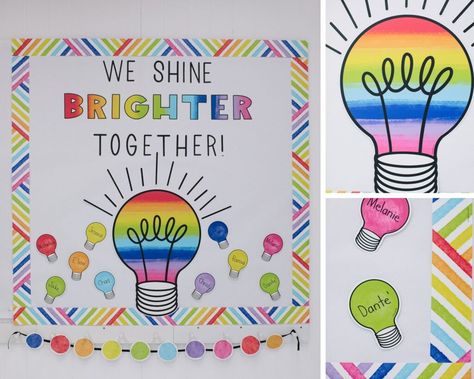 Twinkle Light Classroom, Lightbulb Door Decorations Classroom, Light Bulb Themed Classroom, Light Bulb Bulletin Board Ideas, Reading Is Thinking, Teaching Classroom Decor, Colored Light Bulbs, Bts 2023, School Hall