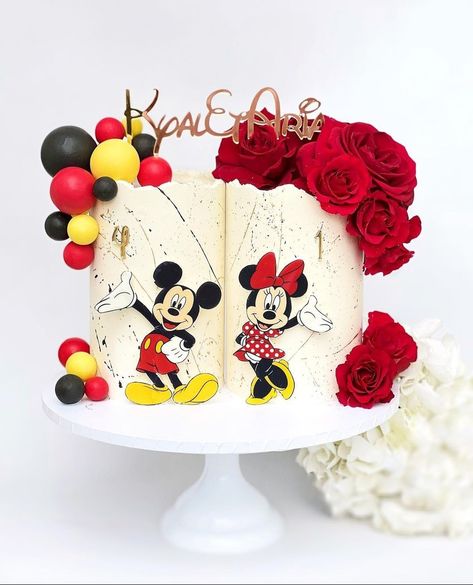 Minnie And Mickey Cake For Twins, Double Cake, Cakes Disney, Mickey Birthday Cakes, Disney Princess Birthday Cakes, Minnie Mouse Birthday Theme, Mickey And Minnie Cake, Mickey Cake, Mickey Mouse Birthday Cake