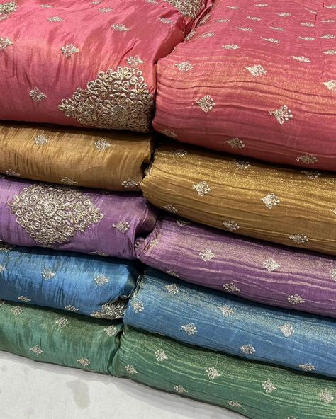 ASF Plain tissue with big motifs - Rs 780 per mtr Width-44 Crushed tissue with small booti- Rs 699 per mtr Width-50" Dupatta Top, Unstitched Suits, Fabric Applique, Suits Dress, Indian Fabric, Color Therapy, Top Fabric, Embroidery Work, Dress Material