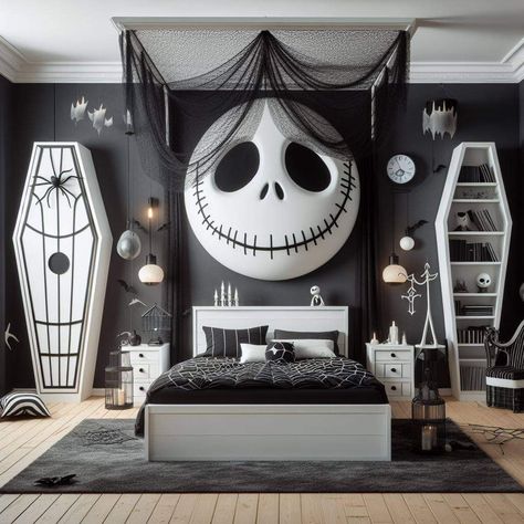 Jack And Sally Bathroom Ideas, Jack Skellington Furniture, Jack Skellington Room Ideas, Nightmare Before Christmas Room Ideas Bedrooms, Nightmare Before Christmas Themed Room, Jack Skellington Decor, Nightmare Before Christmas Bedroom Ideas, Tim Burton Themed Room, Jack Skellington Bedroom