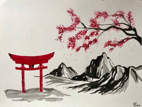 Original Aquarelle painting  Ink Simple Art  Watercolor | Etsy Japanese Painting Ideas, East Asian Painting, Simplistic Illustrations, East Asian Art, Chinese Ink Painting, Easy Landscape, Chinese Drawings, Aquarelle Painting, Japan Painting