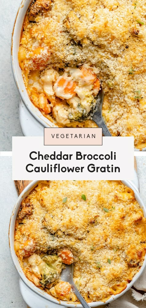 Scrumptious cheddar broccoli cauliflower gratin with a crispy breadcrumb topping. This delicious cheesy side dish is perfect for serving guests during the holiday season, or pairing with your favorite protein for a yummy weeknight dinner! #gratin #thanksgiving #vegetarian #sidedish Broccoli Gratin Recipes, Thanksgiving Vegetarian, Broccoli Gratin, Ground Garden, Breadcrumb Topping, Cheddar Broccoli, Broccoli And Cauliflower, Cauliflower Gratin, Ambitious Kitchen