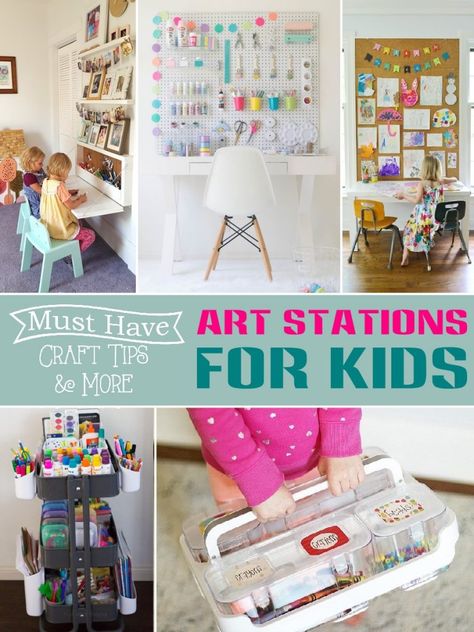 Creative Art Stations for Kids - Art Center Playroom, Kids Art Desk Organization, Art Tables For Kids, Art Station Organization, Art Zone For Kids, Preschool Art Table Ideas, Kid Craft Room Ideas, Kids Arts And Crafts Area, Kids Crafting Station