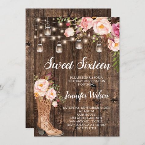 Sweet 16 Rustic Boho Floral String Lights Invitation #zazzle #weddinginvitations #birthdayinvitations #babyshowerinvitations #zazzleinvitations #monogram #businesscards #graduation #homedecor Country Sweet 16, Rustic Quinceanera, Barn Birthday Party, Sweet 16 Party Themes, Country Themed Parties, Rustic Party Decor, Sweet 16 Party Decorations, Pink Sweet 16, Sweet 16 Themes