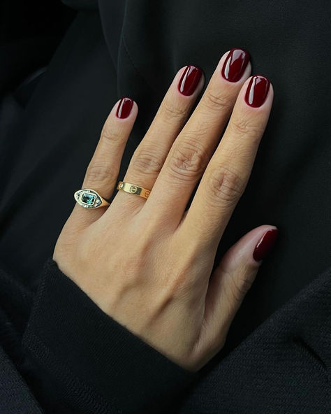 Nail Inspo Trendy 2024 Fall, Shirt Red Nails, Short Burgundy Nail Ideas, Winter Nails Round, Nails Bordeaux Gel, Dark Red Oval Nails, Fall Gel Nails Ideas Short, Gel Nail Manicure Ideas, Short Dark Red Nails