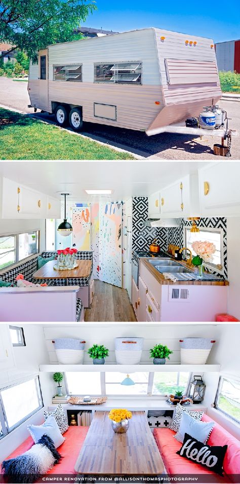 The playful interior of this vintage camper renovation was inspired by abstract pop wallpaper Fun Rv Decor, Unique Camper Remodel, Pink Vintage Camper, Girly Rv Remodel, Mid Century Modern Camper, Retro Camper Decor, 1970s Camper Remodel, Retro Trailer Interior, Funky Camper Interior