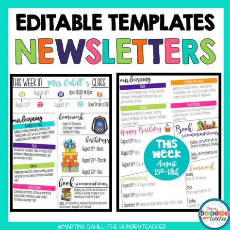 Editable Syllabus Templates, Editable Meet the Teacher Templates, and Editable Newsletter Templates - The Hungry Teacher Pto Newsletter Template Free, School Newsletter Template Free, Class Newsletter Template, Teaching Prek, News Letters, Preschool Organization, Syllabus Template, Class Newsletter, Preschool Newsletter