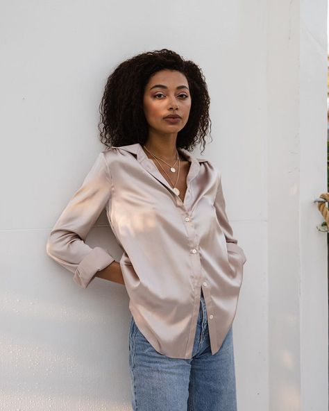 Silk clothing on Instagram: “The Stella blouse 🦢 Available now in pearl color 🤍 3800 uah #StellaPearl_S #SilkBlouse_Serenity” Women Silk Shirt, Satin Shirt Outfit, Silk Blouse Outfit, Silk Shirt Outfit, Satin Blouse Outfit, Pink Satin Blouse, Blouse Outfit Casual, Satin Bluse, Beige Blouse