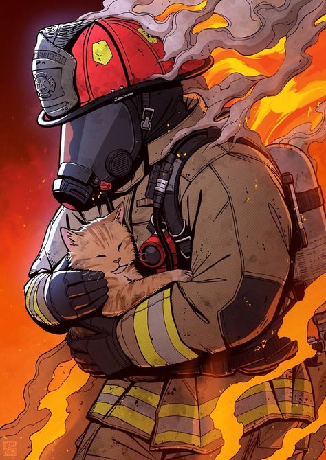 Firefighter Drawing, Fireman Art, Firefighter Tattoo, Fire Fighter Tattoos, Firefighter Art, Firefighter Pictures, Fire Art, Cat Drawing, A Fire