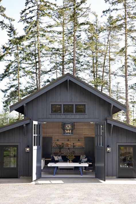 Industrial Shed House, Garage Shed Design, Backyard Shop Buildings, Backyard Barndominium, Shop With Bar Area, Pole Barn Pavilion, Barn Entertaining Space, Party Barn Floor Plans, Backyard Barn Storage