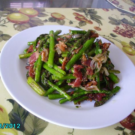 Fried Asparagus with Bacon Fried Asparagus With Bacon, Asparagus Side Dish Recipes, Asparagus With Bacon, Pan Fried Asparagus, Side Veggies, Fall Potluck, Fried Asparagus, Asparagus Side, Asparagus Side Dish