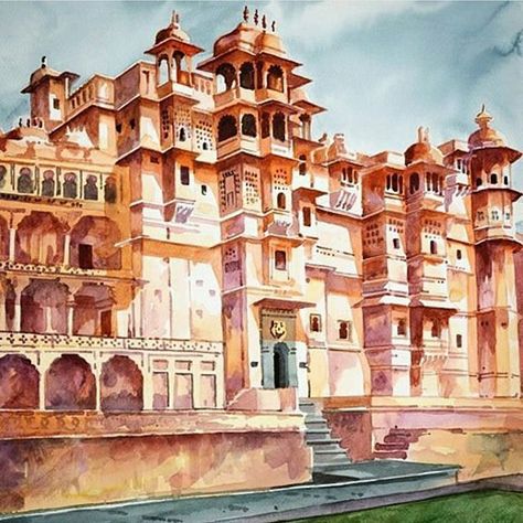 Majestic Mewar - a Living Heritage - Eternal Mewar is conceptualized to provide the vision for the 21st century. It expresses embodies encompasses the core values of the house of Mewar and covers all associated activities.  City Palace Udaipur : Beautifully depicted by @anurag.watercolor  #repost @udaipurblog #HouseOfMewar #udaipur #rajasthan #india #citypalace City Scape Painting, City Palace Udaipur, Watercolor Indian, Castle Painting, Building Drawing, Watercolor Architecture, Watercolor Art Paintings, Watercolor Paintings For Beginners, Beautiful Art Paintings