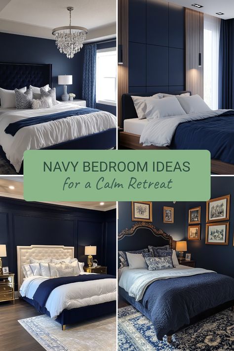 Transform your bedroom into a serene hideaway with these navy bedroom ideas. Discover innovative ways to blend textures and patterns, creating a tranquil haven that reflects your style. Experiment with navy wall paint, shimmering accents, and layered textiles to elevate your space's mood. Use pops of color like white or gold to bring out the best in navy, making it feel both cozy and sophisticated. Explore creative bedroom arrangements and decor tips that showcase the timeless beauty of navy while promoting a restful atmosphere for sleep and relaxation. Navy Wall Paint, Navy Boys Bedroom, Dark Blue Accent Wall Bedroom, Navy Bedroom Ideas, Navy Headboard, Navy Bedspread, Layered Textiles, Navy Bedroom, Navy Bedrooms