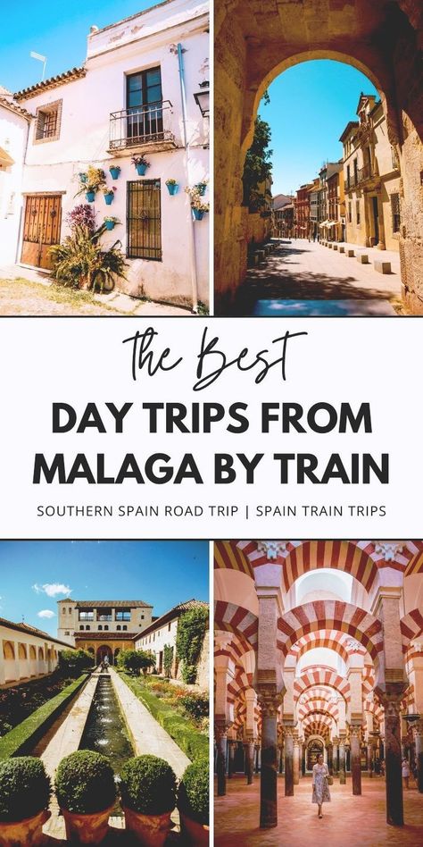 Experience the beauty of the Costa del Sol with these top train trips from Malaga. A must-read for anyone interested in day trips from Malaga and Europe travel tips. Save this pin to your 'Southern Spain Travel' board and check out the article for more details. Andalusia Travel, Spain Road Trip, Malaga City, Alcazar Seville, Train Trips, Costa Del Sol Spain, Train Adventure, Madrid Travel, Spain Travel Guide