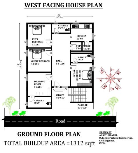 3bhk House Plan West Facing, West Facing 3bhk House Plans Vastu, 3 Bhk House Plan, West Facing House Plan, 3bhk House Plan, Square House Plans, West Facing House, North Facing House, 20x40 House Plans