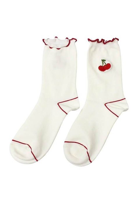 Mid Calf Socks, Cherry Embroidery, Socks Aesthetic, Embroidery Red, Png Clothes, Dr Shoes, Hooded Robe, Cherry Bomb, Cute Socks