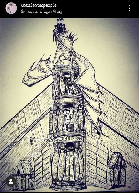 Gringotts Bank Drawing, Diagon Alley Sketch, Diagon Alley Drawing, Gringotts Bank, Hp Fanart, Harry Potter Diagon Alley, Harry Potter Travel, Potter Fanart, Wingardium Leviosa