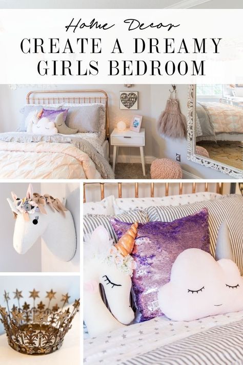 Is your girl's room needing an update? Check out how to recreate this whimsical girls bedroom. - Stephanie Hanna Classy Unicorn Bedroom, Unicorn Girls Bedroom Room Ideas, Unicorn Room Decor Kids Girls Bedroom, Boho Unicorn Bedroom, Unicorn Bedroom Ideas Kid Rooms, Bedroom Shelving Ideas, Unicorn Theme Bedroom, Unicorn Bedroom Ideas, Unicorn Girls Bedroom