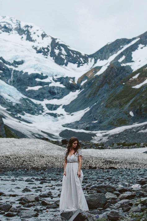 Dreaming of an Alaskan elopement? This inspiration shoot at Portage Lake has everything: epic views, a Rue De Seine gown, and lots of love! Bride Images, Winter Wedding Destinations, Bride Ring, Bridal Wardrobe, Alaska Wedding, Bridal Tips, Wedding Destinations, Winter Elopement, Beautiful Beach Wedding