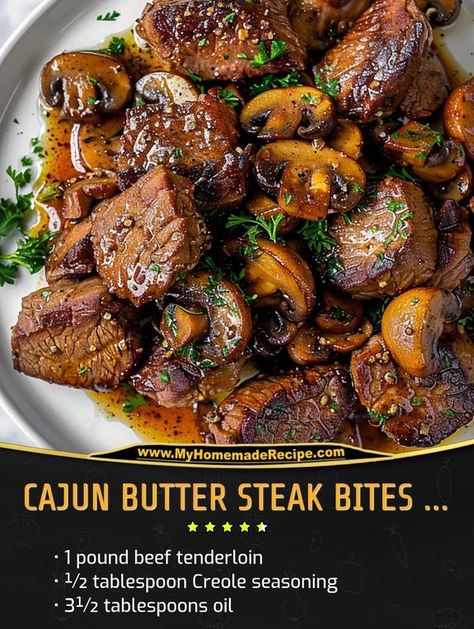 Tenderloin Steak Recipes, Cajun Butter, Garlic Beef, Tenderloin Steak, Steak Butter, Marinated Beef, Steak Bites, Beef Tenderloin, Pasta Dinner Recipes