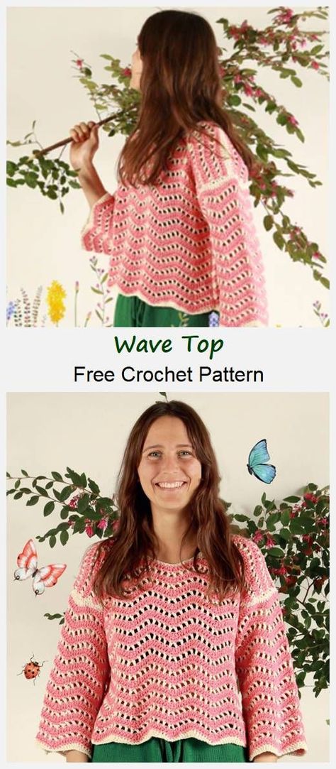 Wave Top Free Crochet Pattern Wavy Crochet Pattern Free, Wavy Top Crochet, Crochet Ripple Sweater Pattern, Wave Pattern Crochet, Wave Crochet Pattern, Crochet Wave Top, Crochet Wavy Sweater, Crochet Wave Sweater Pattern, Crochet Wavy Sweater Pattern Free