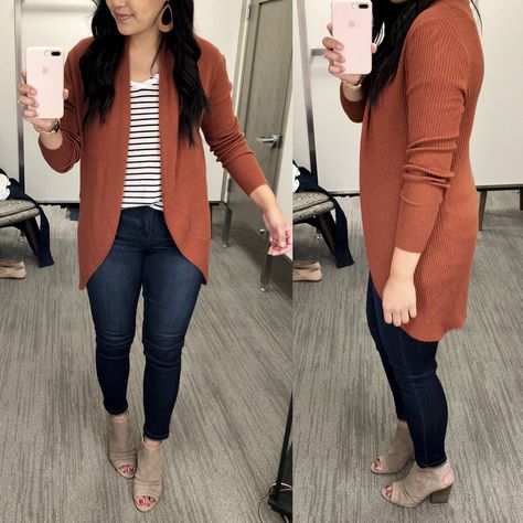 Brick Cardigan Outfit, Rust Colored Cardigan Outfit, Long Striped Cardigan Outfit, Outfits With Booties Fall Ankle Boots, Brick Color Outfit, Rust Cardigan Outfit, Rust Pants Outfit, Steampunk Casual, Rust Cardigan