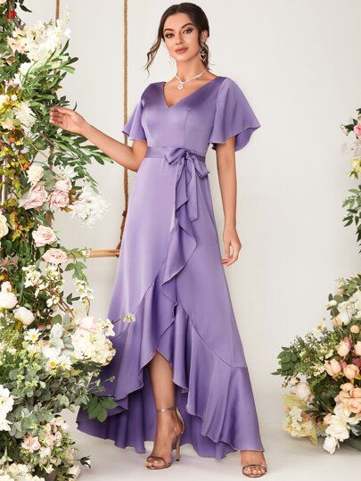 Butterfly Sleeve, Lilac Purple, Ruffle Trim, Bridesmaid Dress, Lilac, Knot, A Line, Bridesmaid Dresses, Weddings