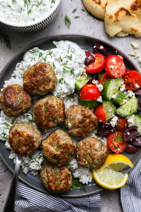 Greek Turkey Meatballs with Tzatziki Sauce - Kalefornia Kravings Turkey Meatball Mediterranean Bowl, Greek Bowls Ground Turkey, Healthily Dinner Meals, Greek Turkey Meatballs With Tzatziki Sauce, Turkey Gyro Meatballs, Turkey Meatball Salad, Mediterranean Diet Recipes Meatballs, Turkey Meatball Gyros, Turkey Meatball Bowl Recipes