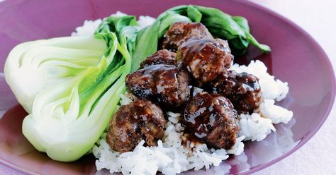 Try meatballs Chinese style - in sweet plum sauce with rice and healthy steamed greens. Chinese Meatballs, Beef Mince Recipes, Steamed Greens, Asian Greens, Asian Meatballs, Chinese Five Spice, Minced Beef Recipes, Asian Beef, Plum Sauce